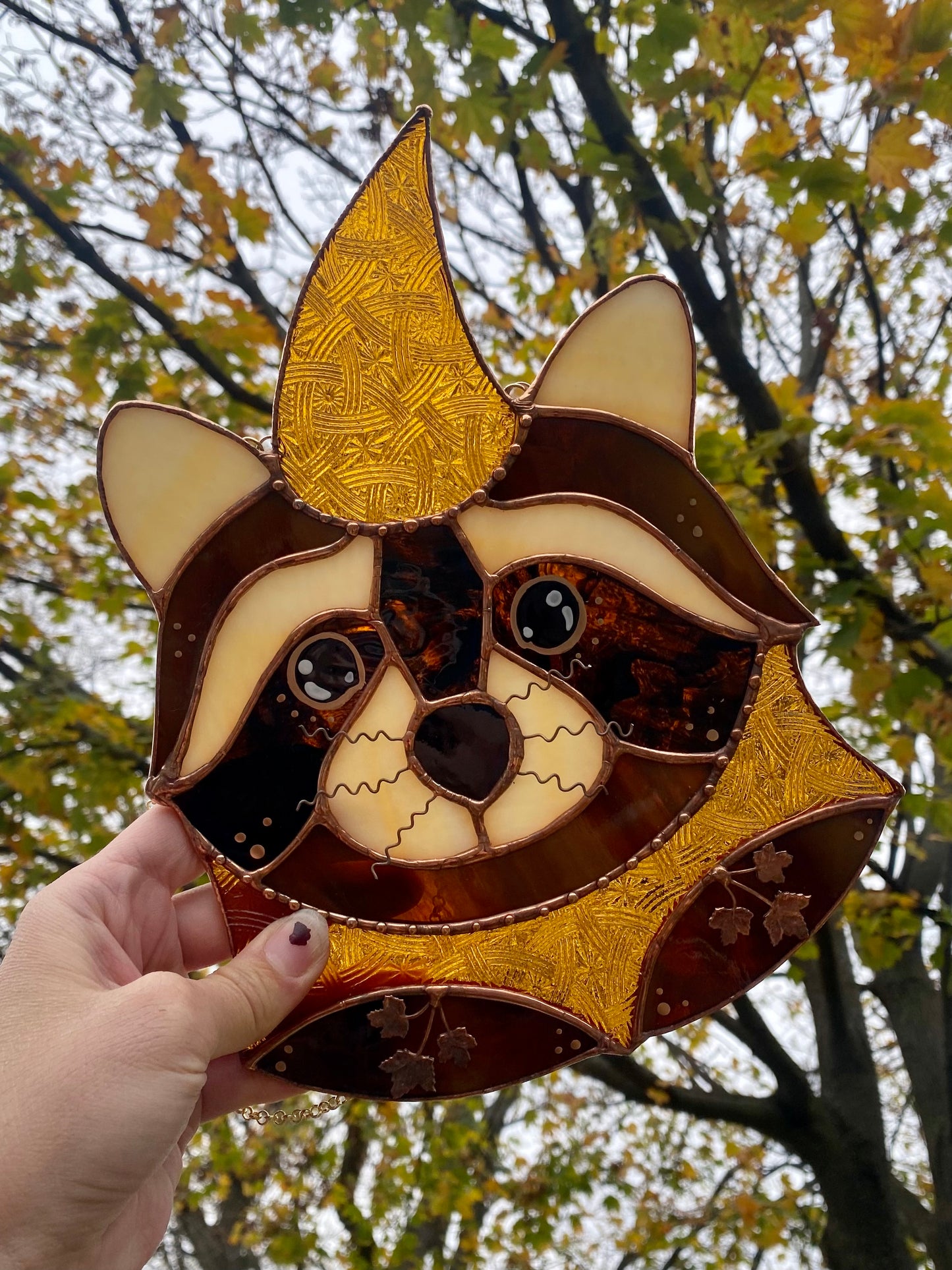 Golden Wizard Raccoon Stained Glass Suncatcher