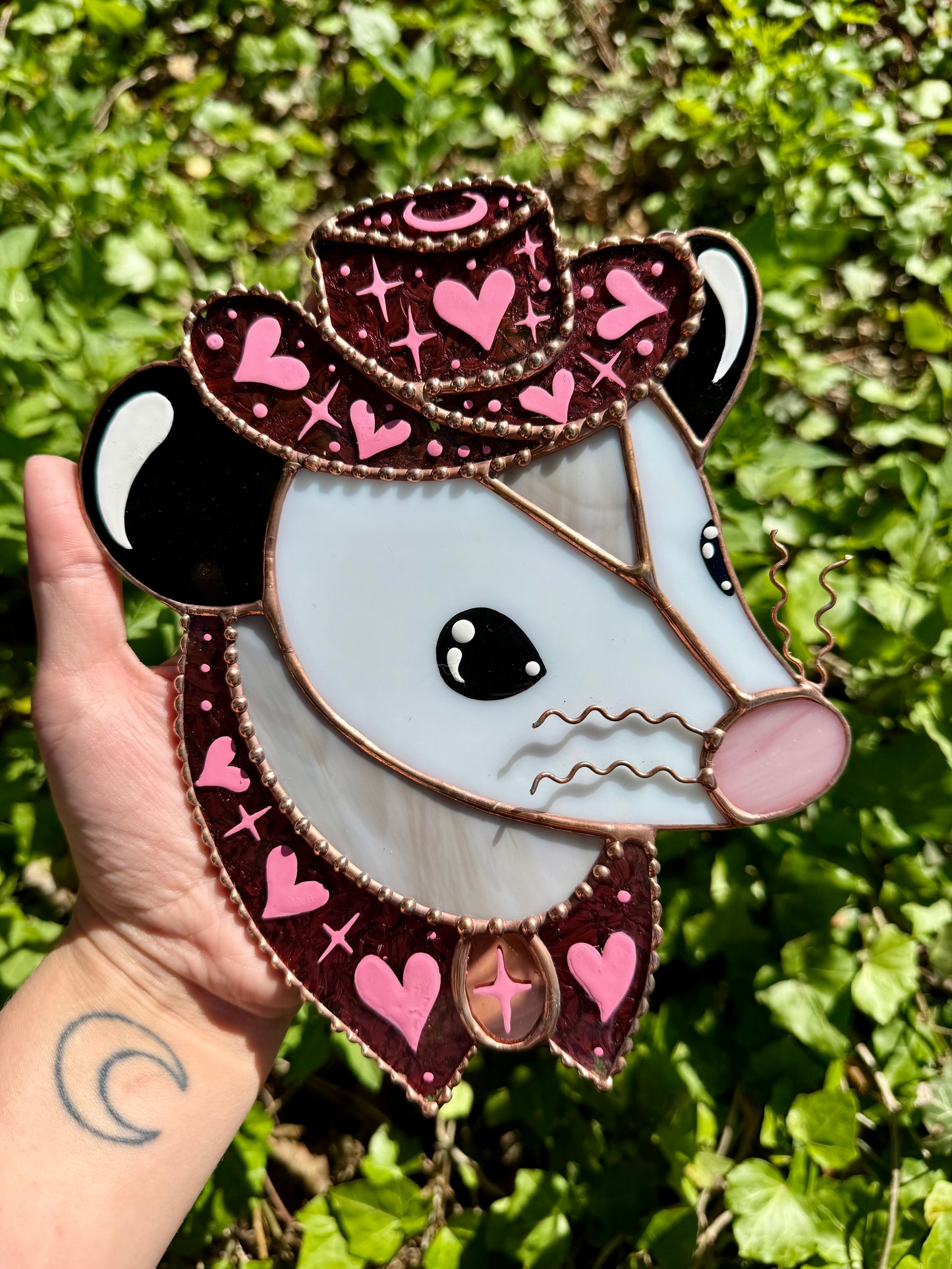 Pink Pony Opossum Stained Glass Suncatcher