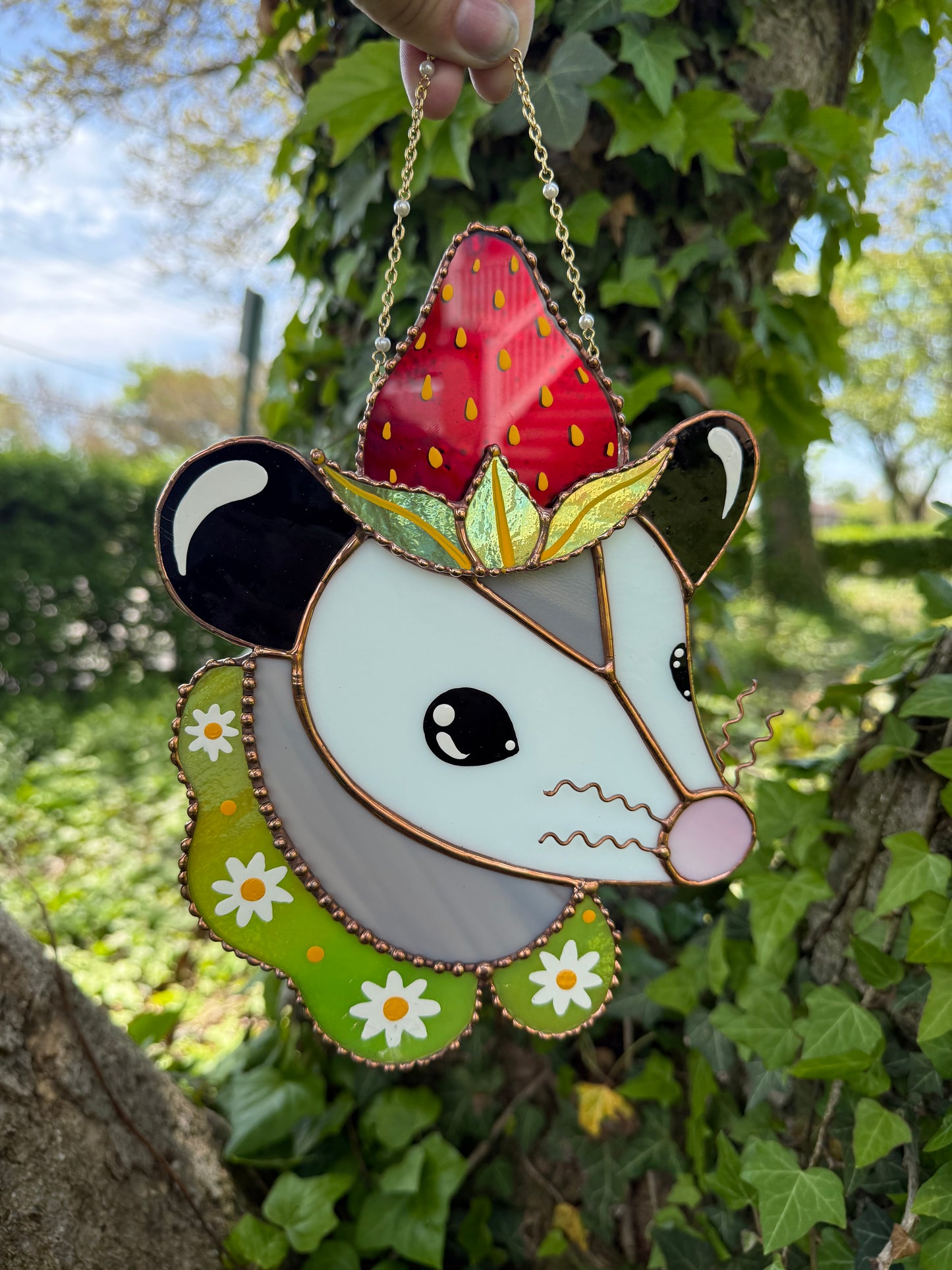 Strawberry Opossum Stained Glass Suncatcher