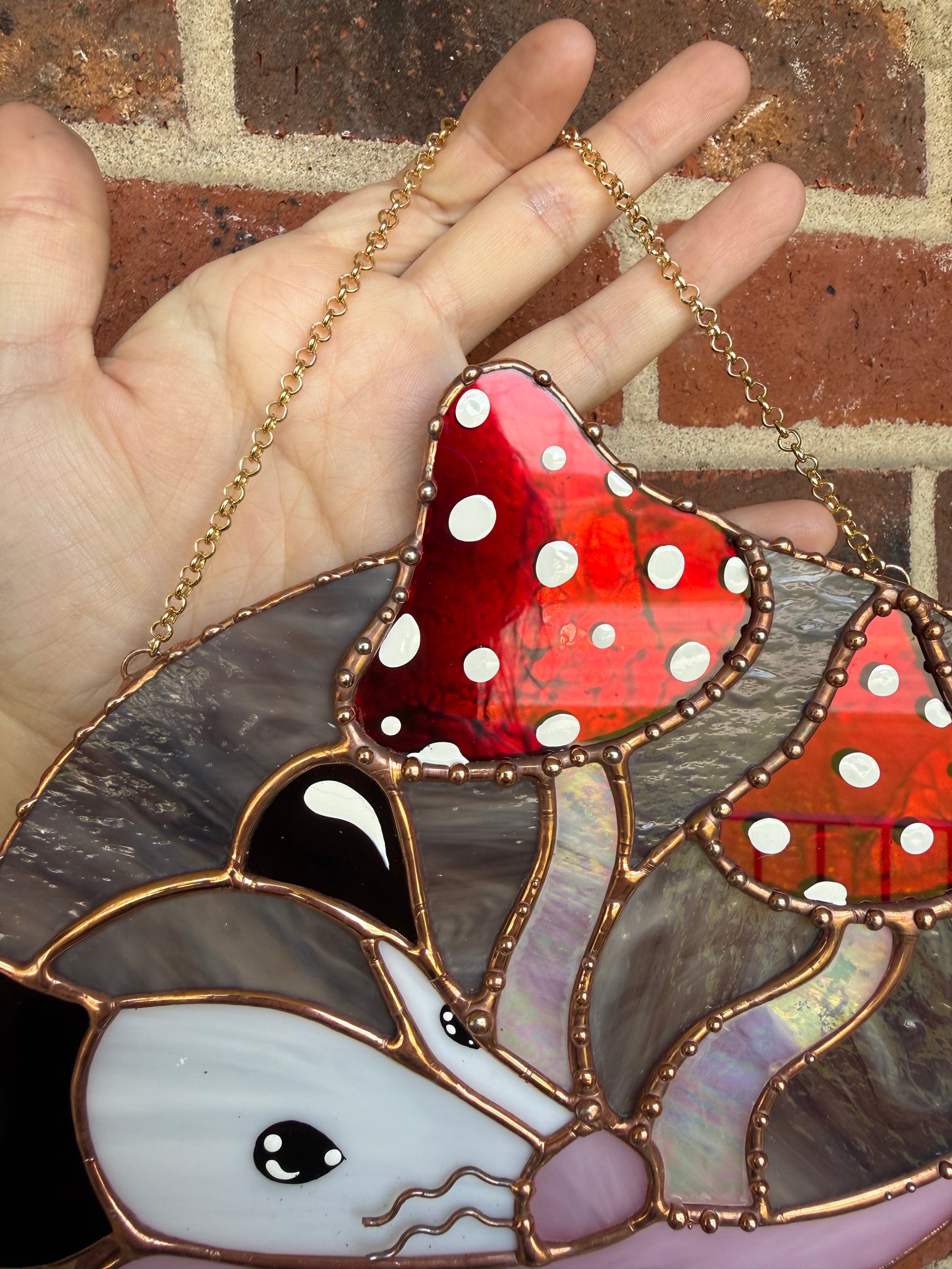 Mushroom Opossum Stained Glass Suncatcher