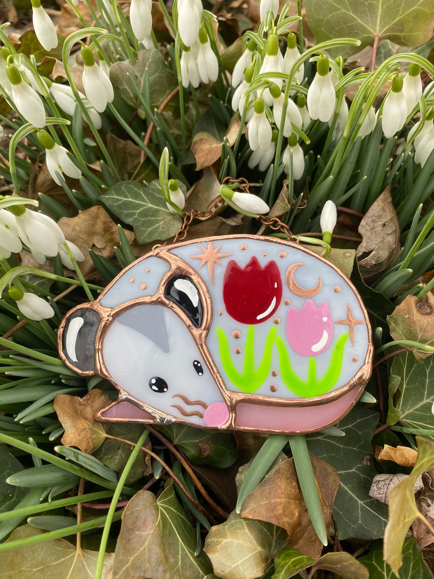 Sleepy Red and Pink Tulip Opossum Mini Stained Glass Suncatcher