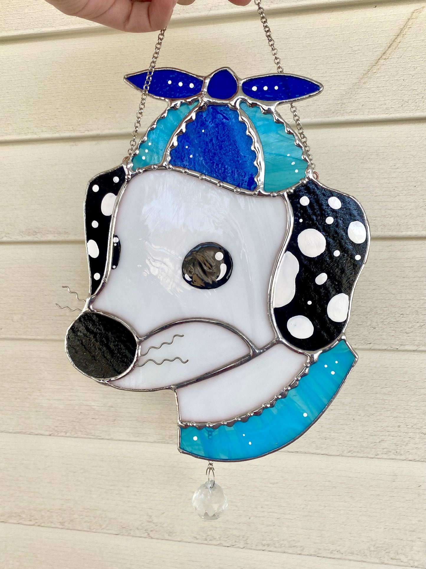 Blue Helicopter Hat Dog Stained Glass Suncatcher