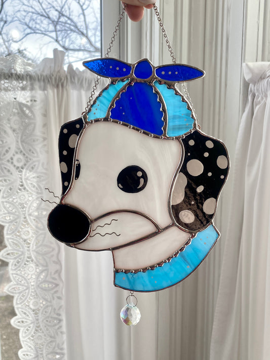 Blue Helicopter Hat Dog Stained Glass Suncatcher