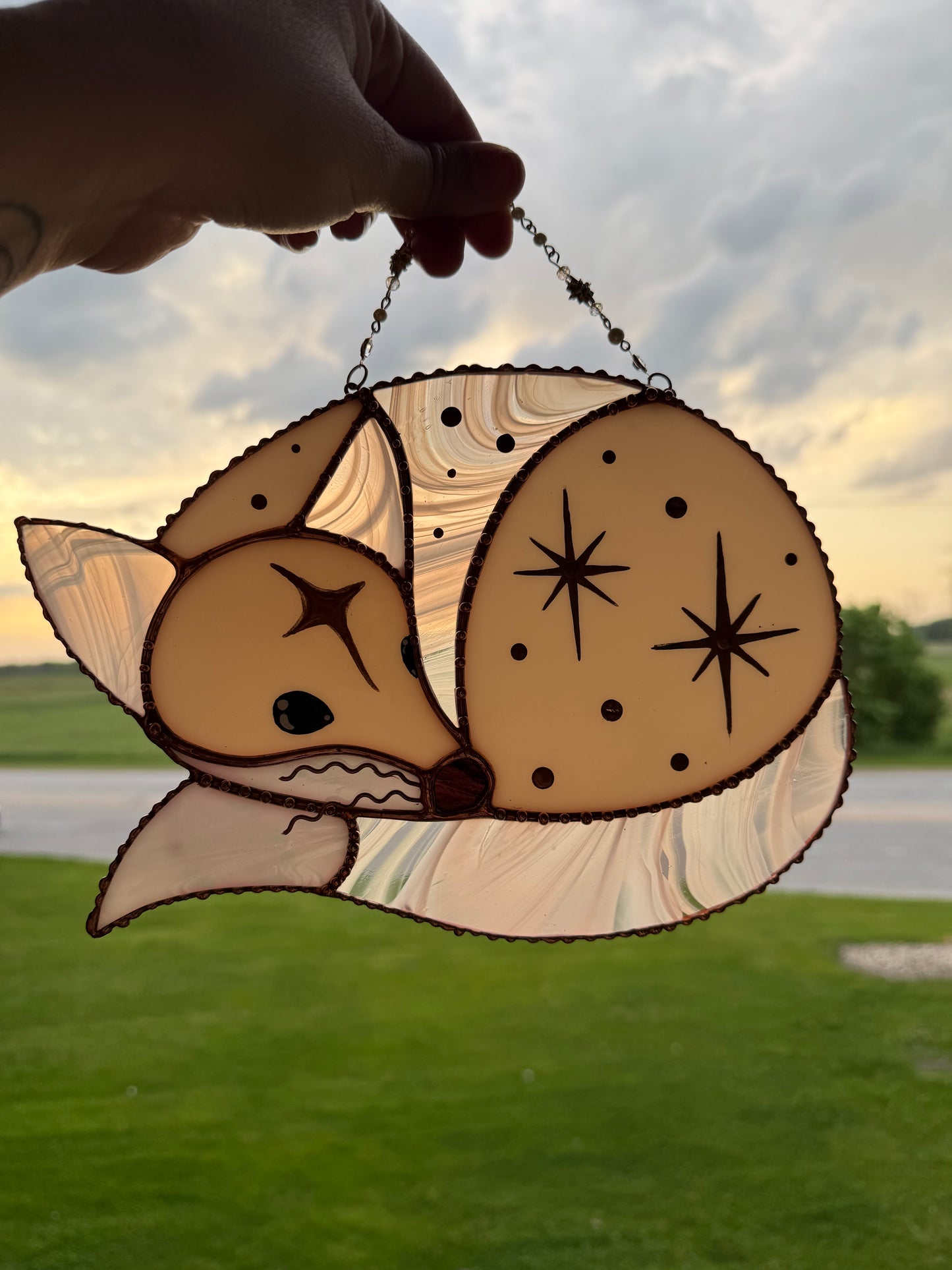 Large Celestial Pink Fox Stained Glass Suncatcher