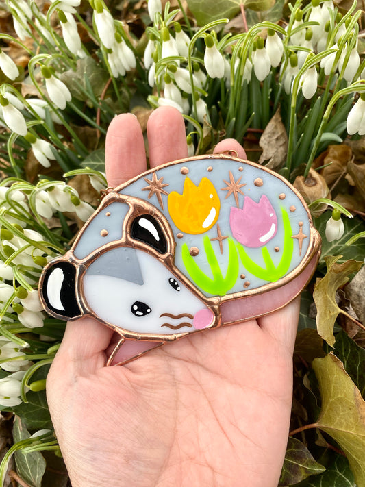 Sleepy Yellow and Pink Tulip Opossum Mini Stained Glass Suncatcher