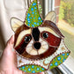 Blue Flower Wizard Raccoon Stained Glass Suncatcher