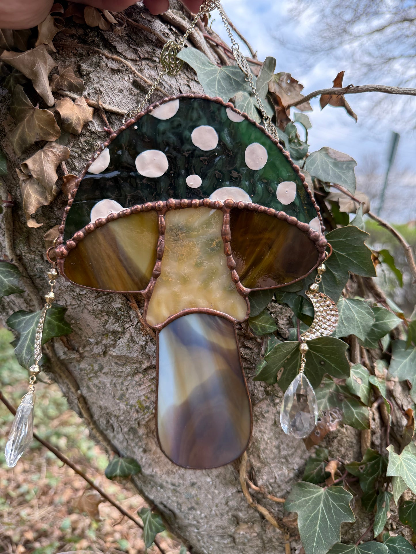 Forest Green Mushroom Stained Glass Suncatcher