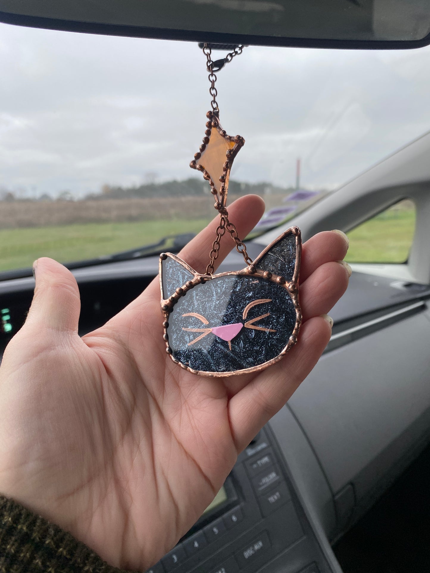 Black Cat and Starburst Stained Glass Car Charm