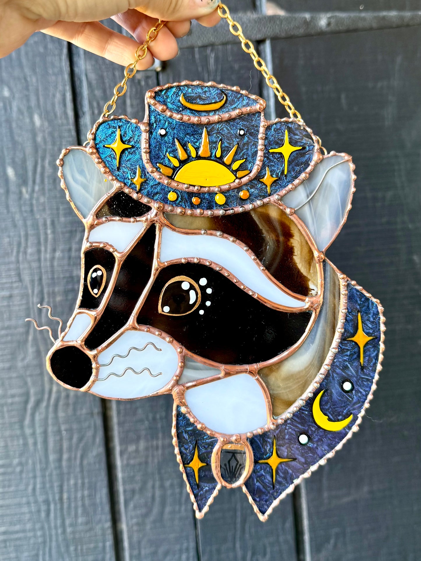 Blue Whimsy Cowboy Raccoon Stained Glass Artwork