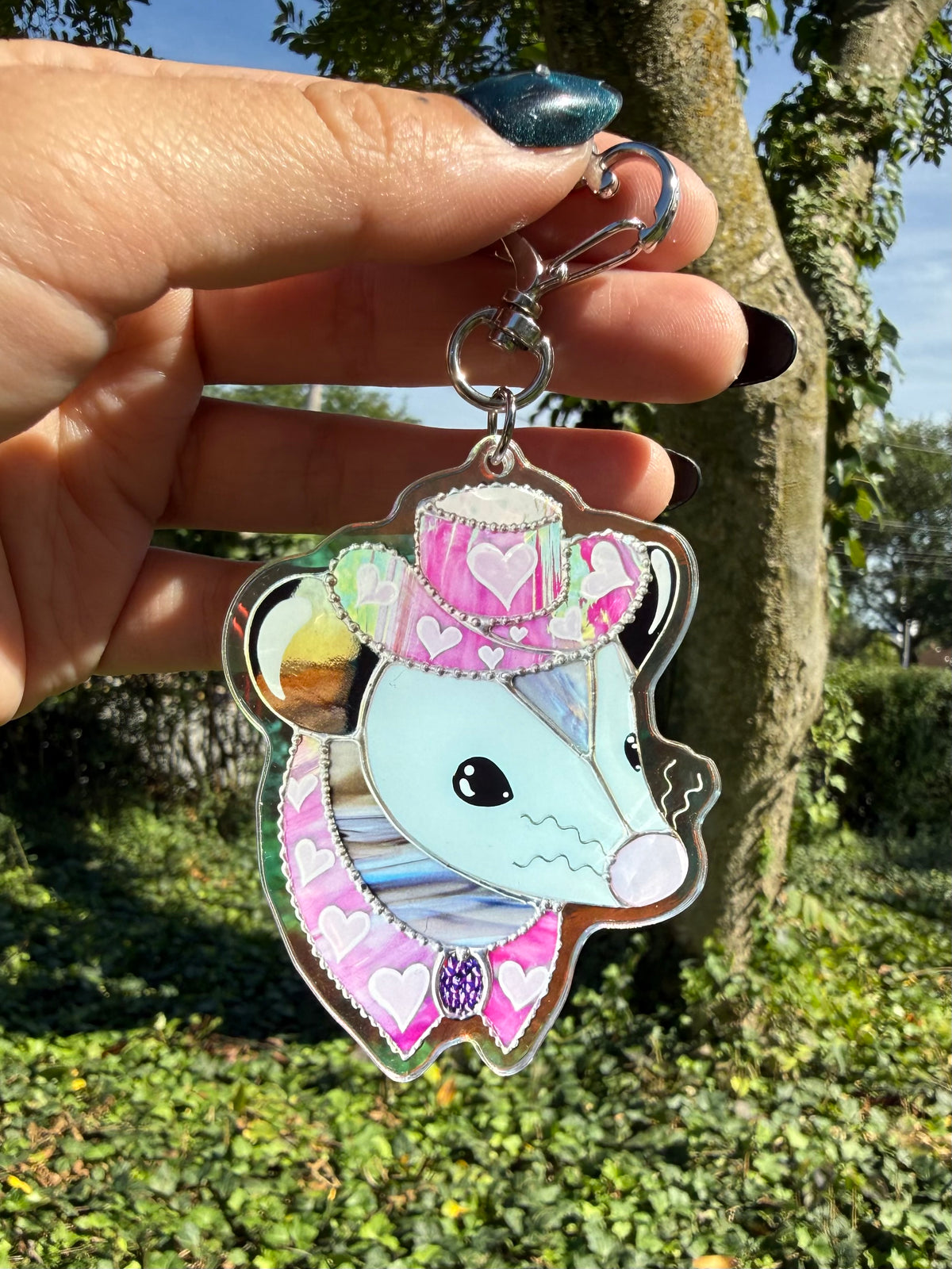 Silver Pink Pony Opossum Holographic Acrylic Bag Charm