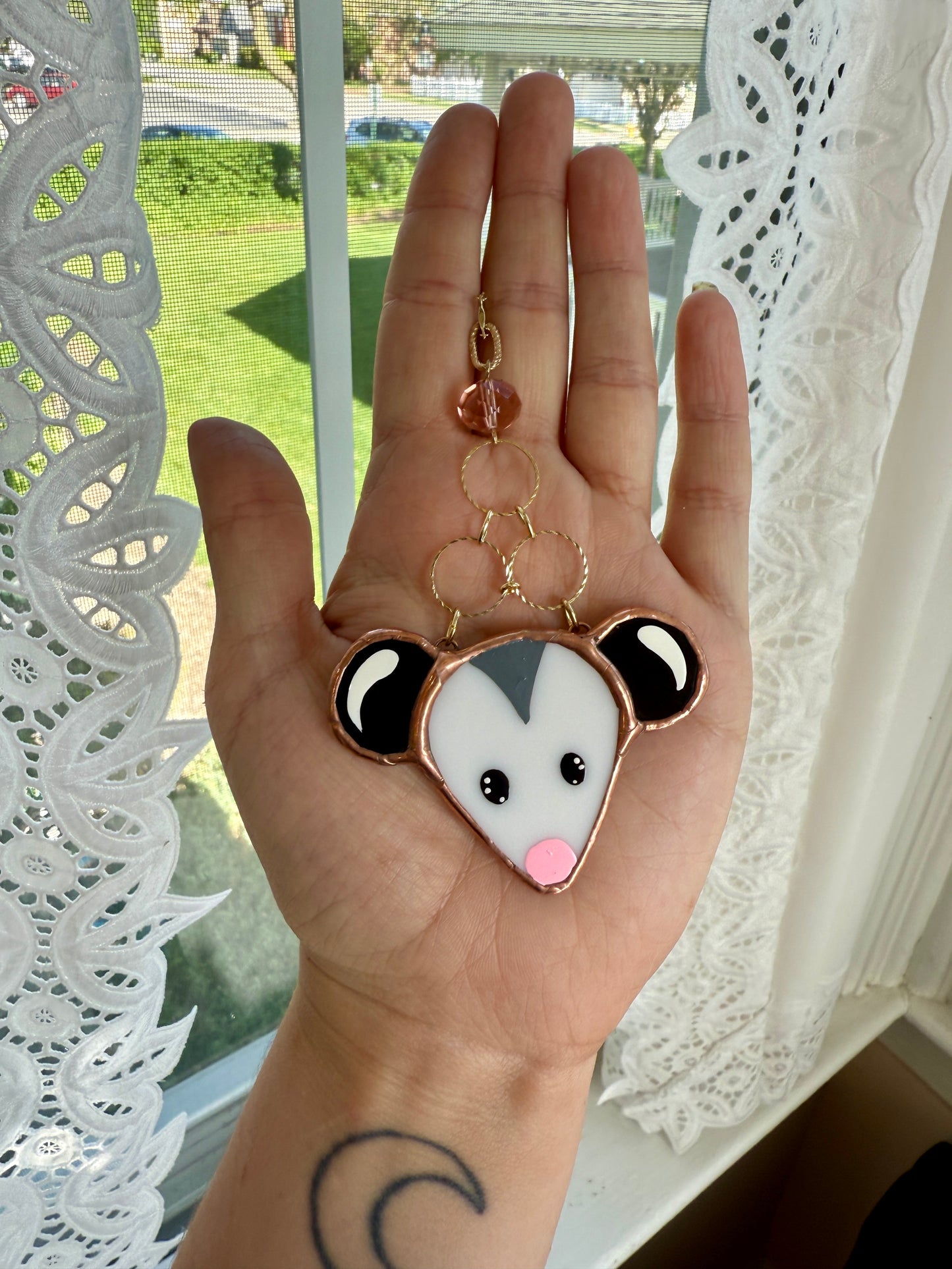 Dainty Gold Opossum Stained Glass Car Charm