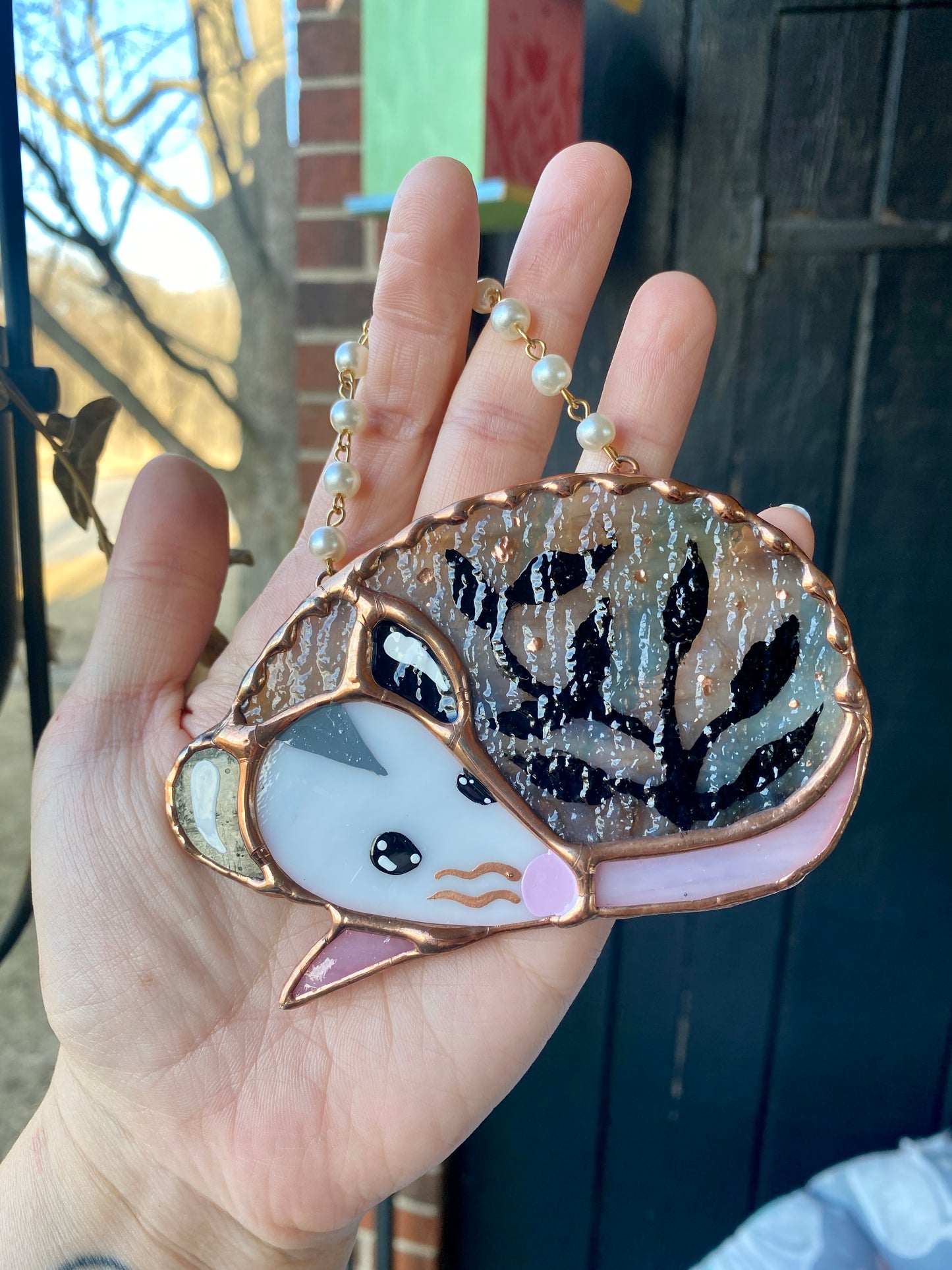 Black Foliage Opossum Stained Glass Ornament