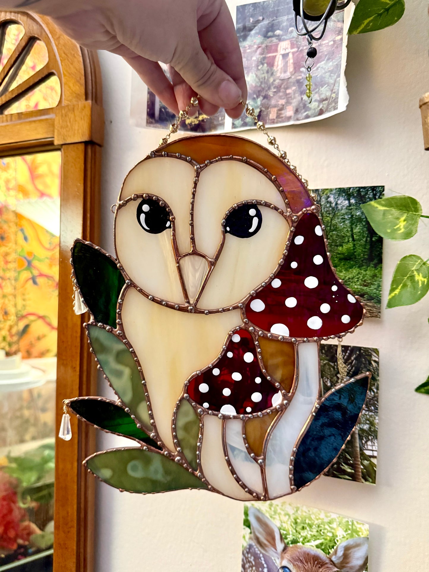 Red Mushroom Owl Stained Glass Suncatcher
