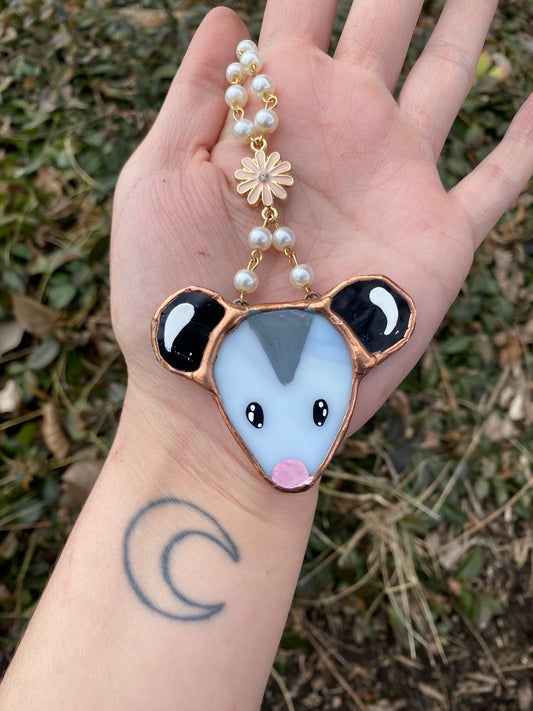 Flower Opossum Stained Glass Charm