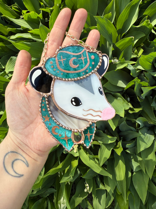 Mini Teal Cowboy Opossum Stained Glass Ornament