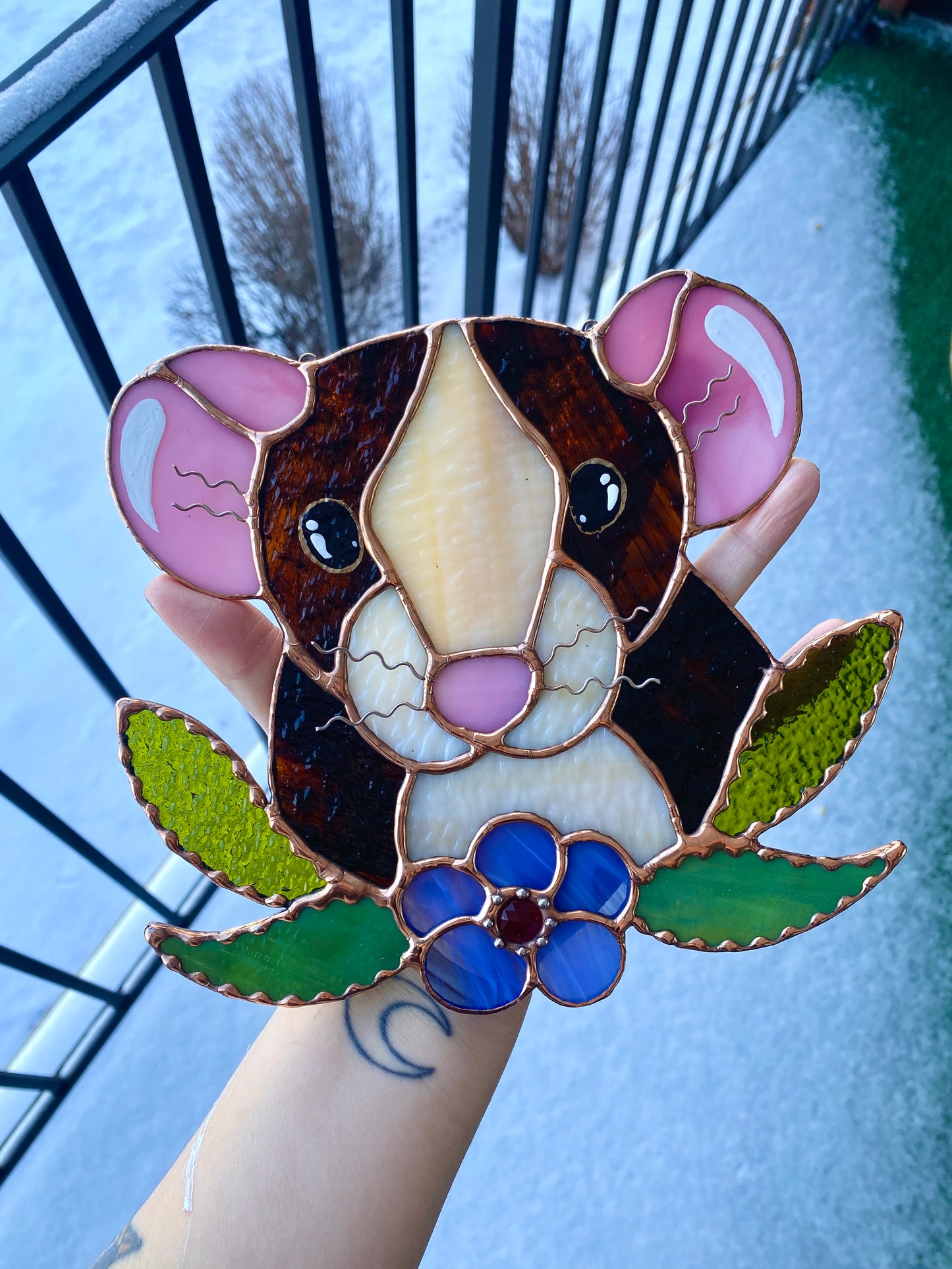 Flower Rat Stained Glass Suncatcher