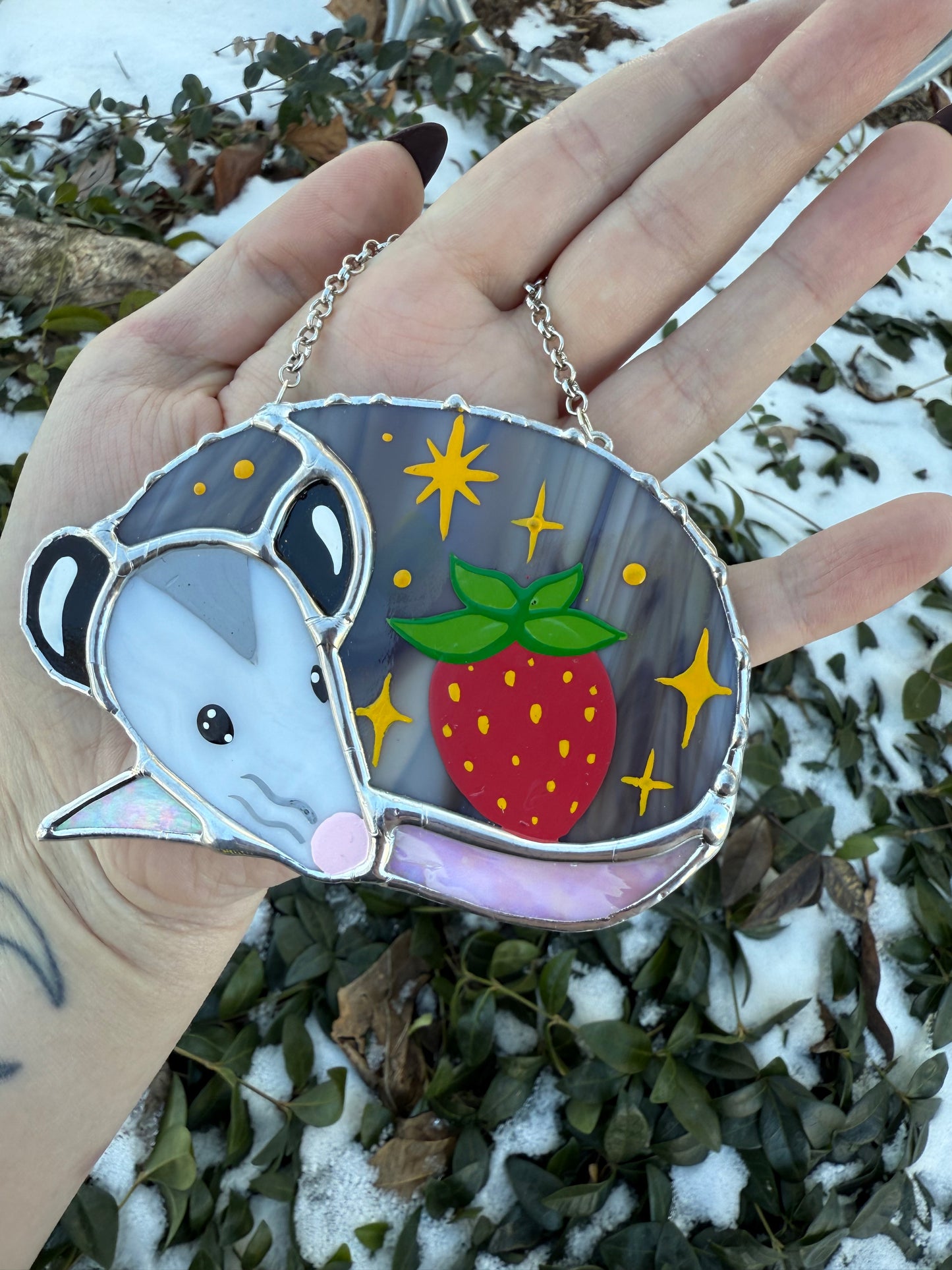 Sleepy Red Strawberry Opossum Stained Glass Ornament