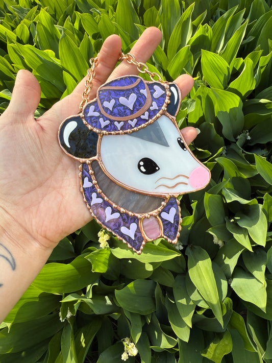 Mini Purple Cowboy Opossum Stained Glass Ornament
