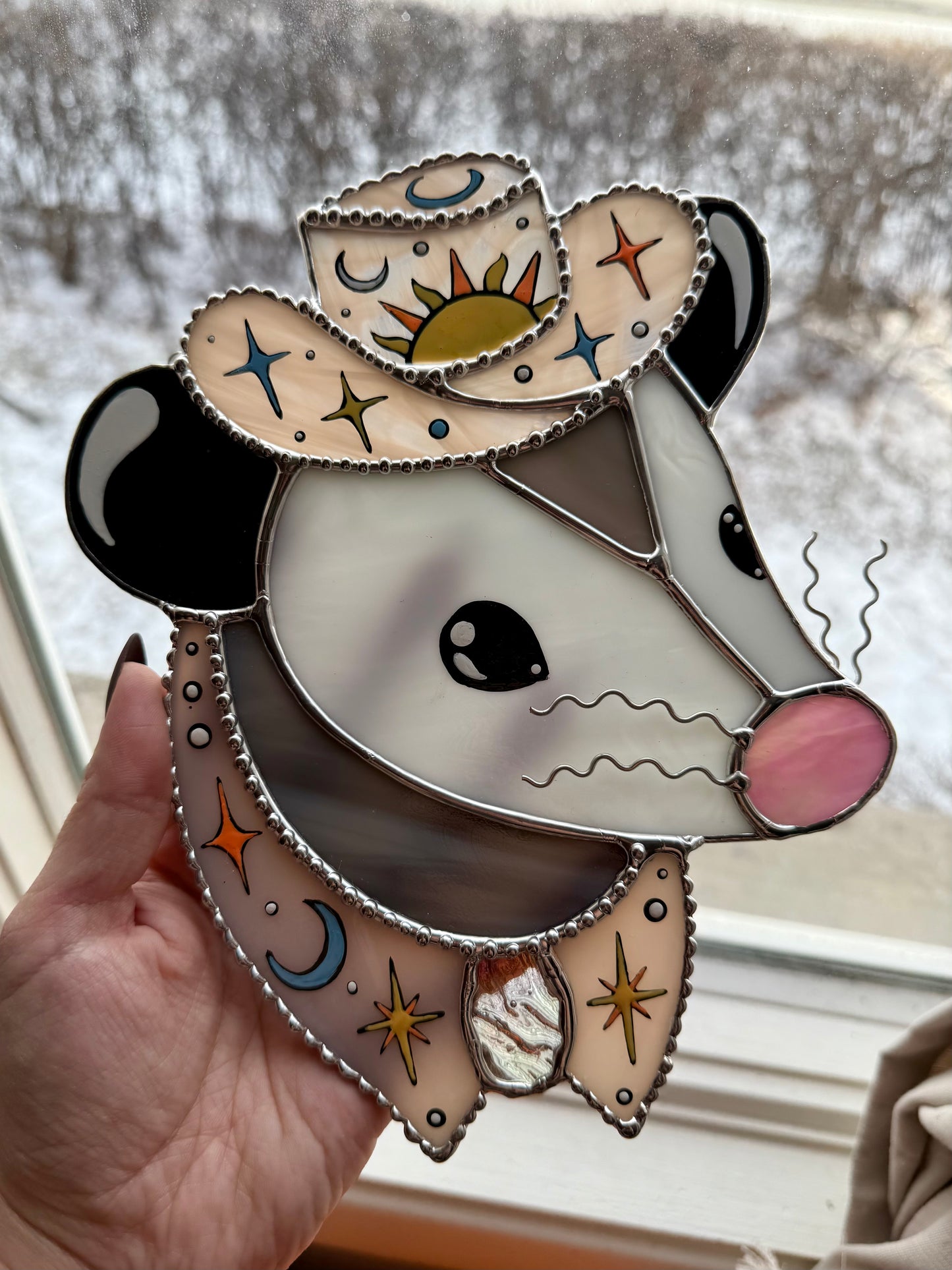Pastel Celestial Cowboy Opossum Stained Glass
