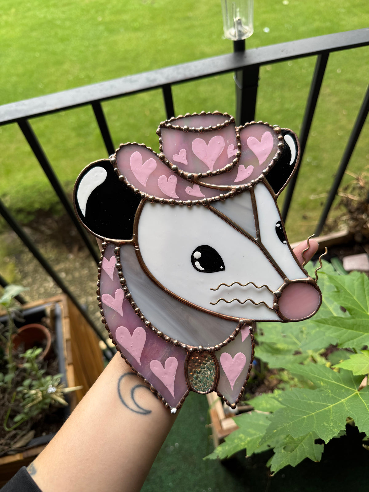 Pink Pony Opossum Stained Glass Suncatcher