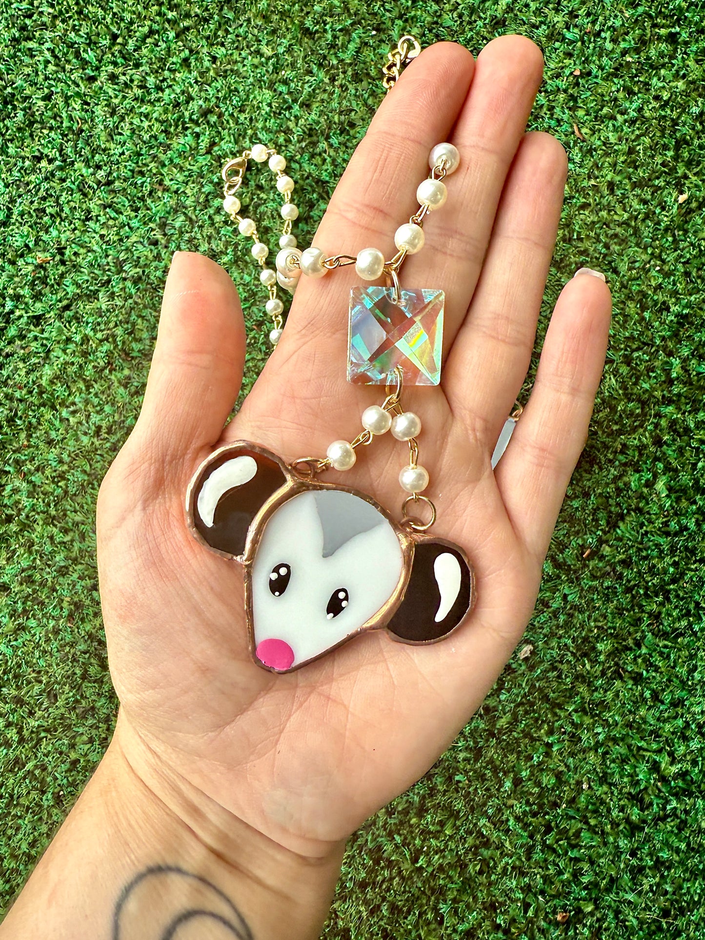 Pearl and Jewel Opossum Stained Glass Charm