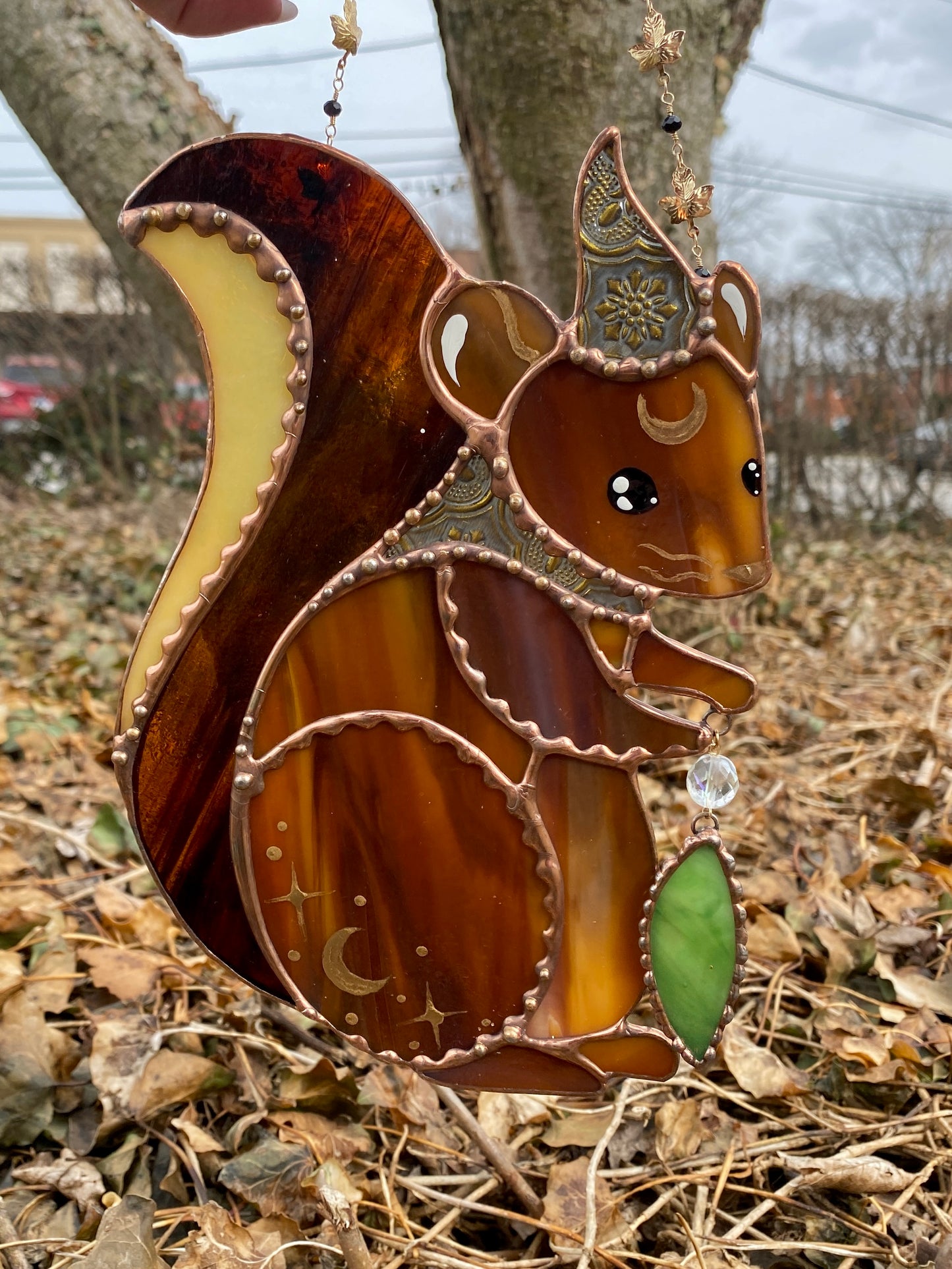 Golden Squirrel Wizard Stained Glass Suncatcher