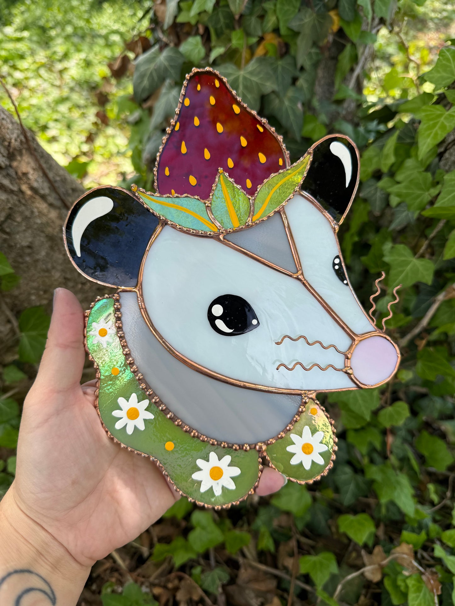 Strawberry Opossum Stained Glass Suncatcher