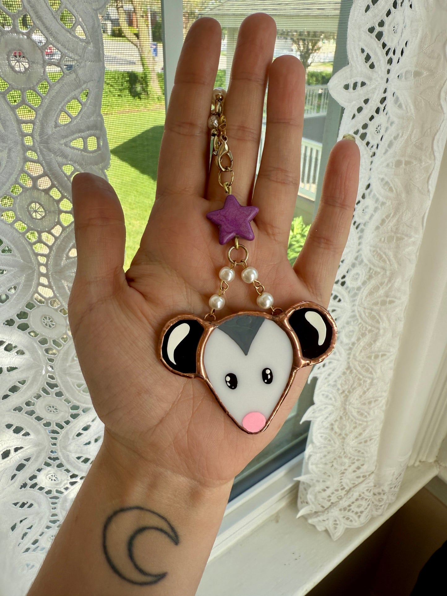 Purple Star Opossum Stained Glass Car Charm