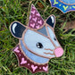 Pink Glitter Heart Opossum Stained Glass Ornament