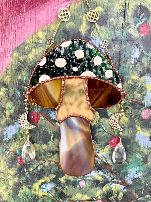 Forest Green Mushroom Stained Glass Suncatcher