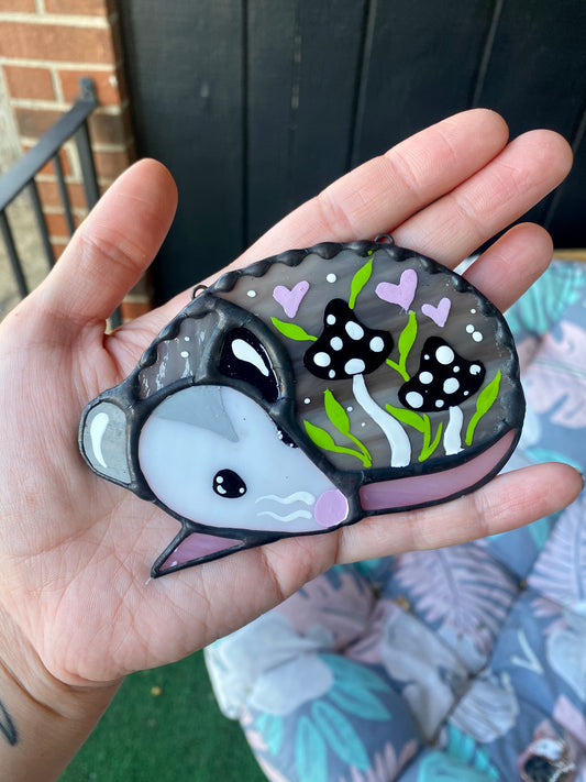 Black and Pink Opossum Stained Glass Ornament