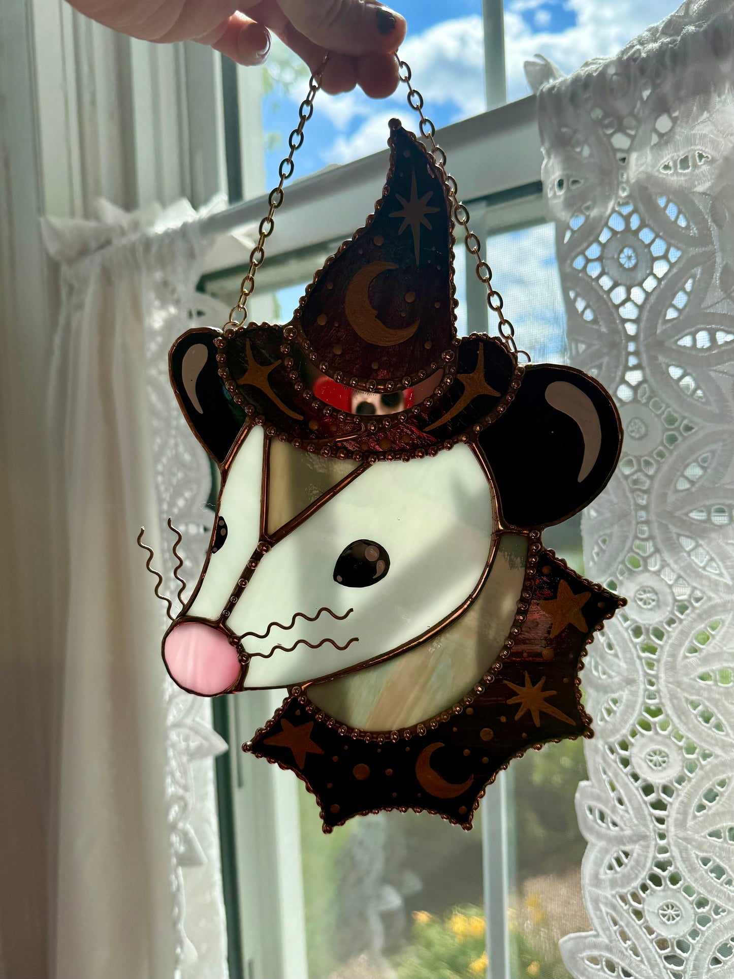 Garnet Witch Opossum Stained Glass Suncatcher