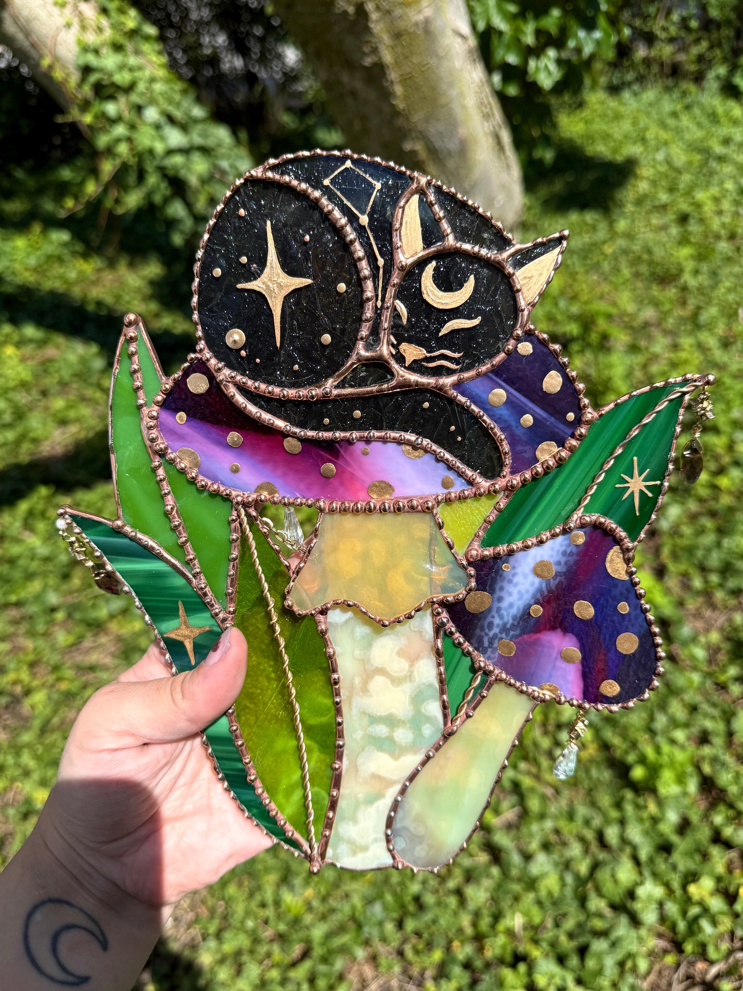 Large Mushroom Cat Stained Glass Suncatcher