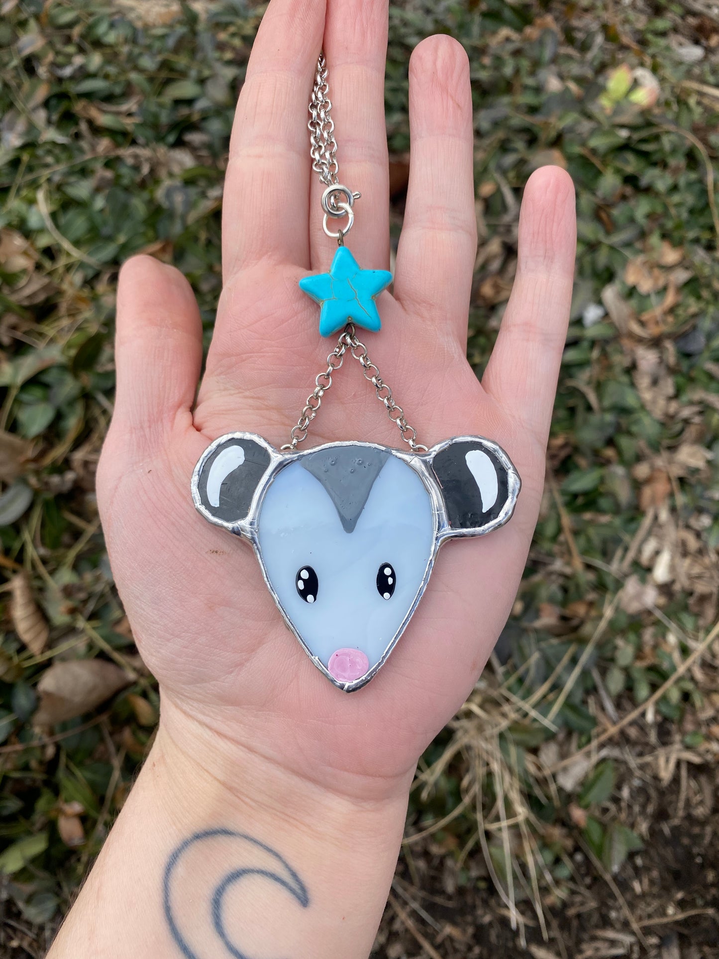 Blue Star Opossum Stained Glass Charm