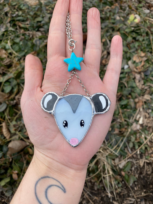 Blue Star Opossum Stained Glass Charm