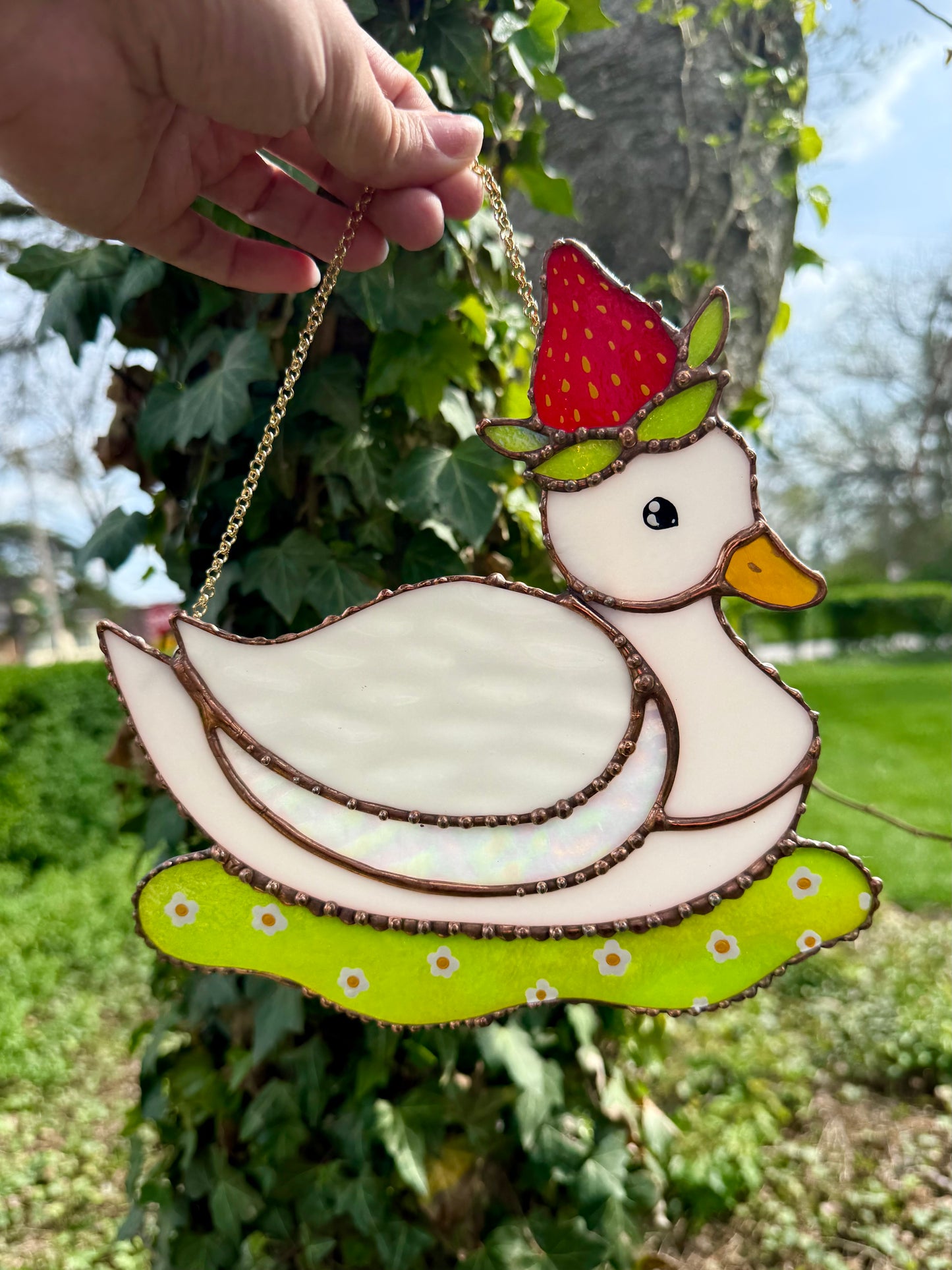(Cracked) Iridescent Strawberry Duck Stained Glass Suncatcher