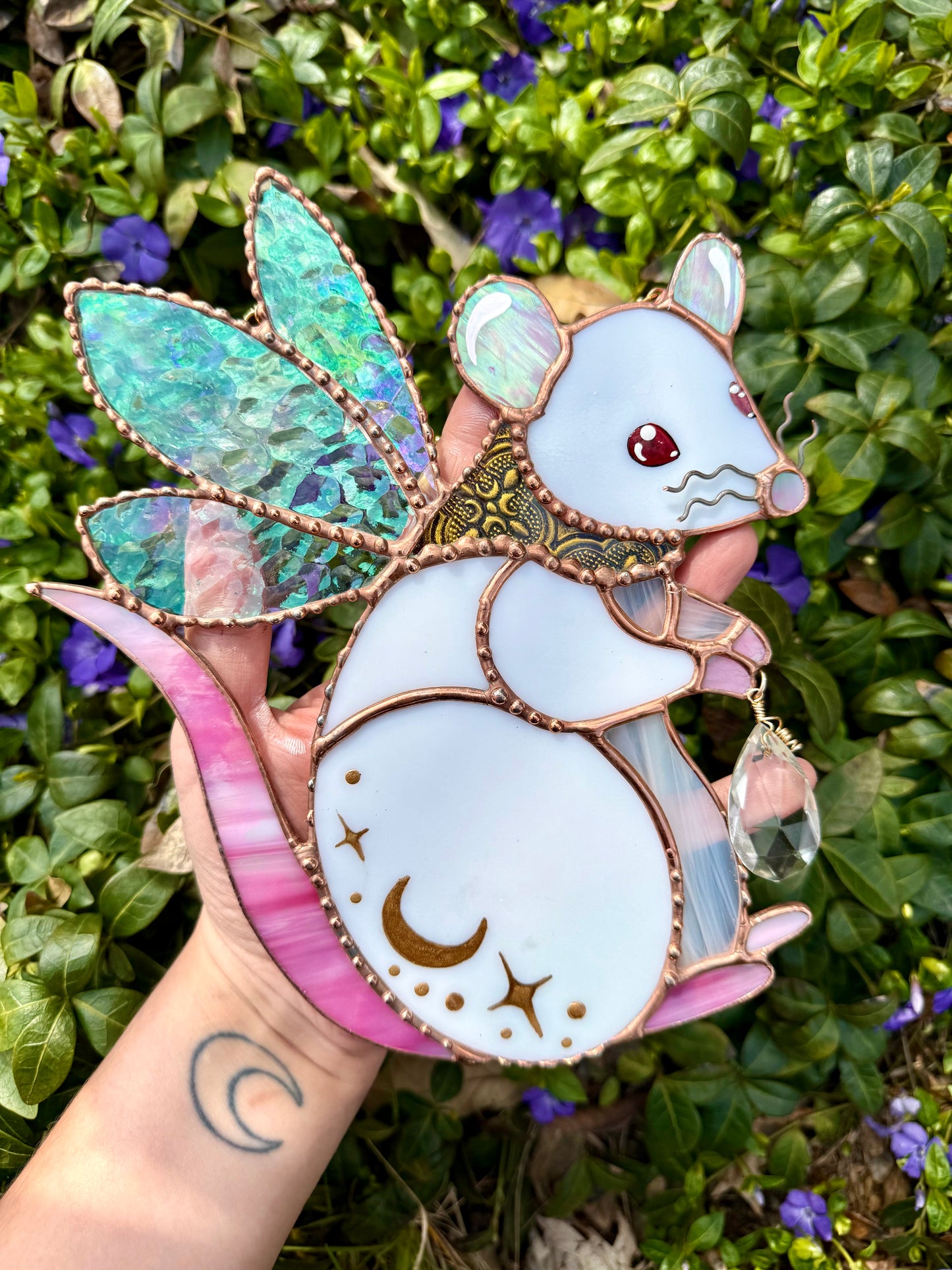 Golden Fairy Rat Stained Glass Suncatcher
