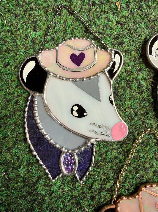 Purple and Tan Cowboy Opossum Stained Glass Suncatcher