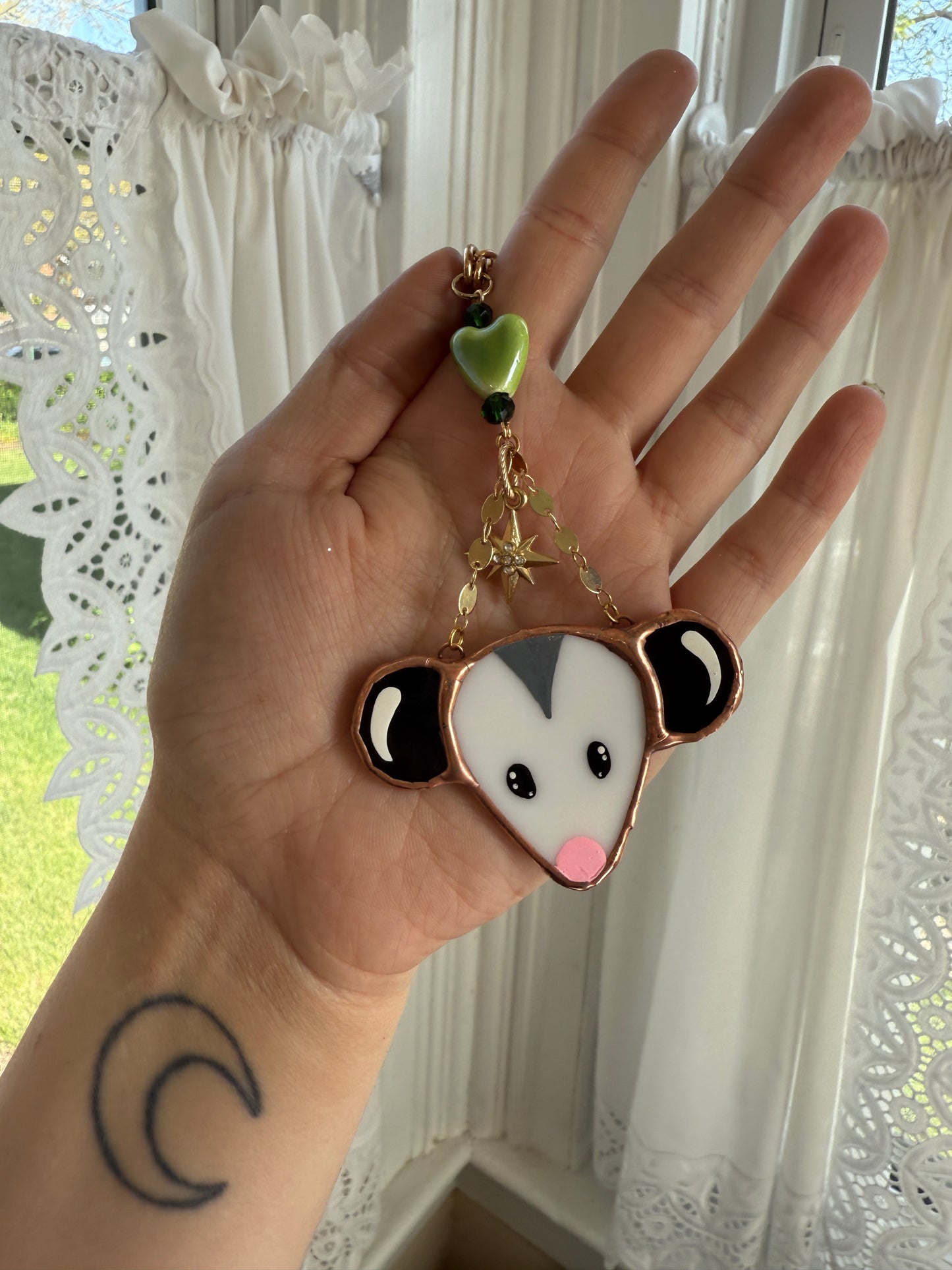 Green Heart Opossum Stained Glass Car Charm