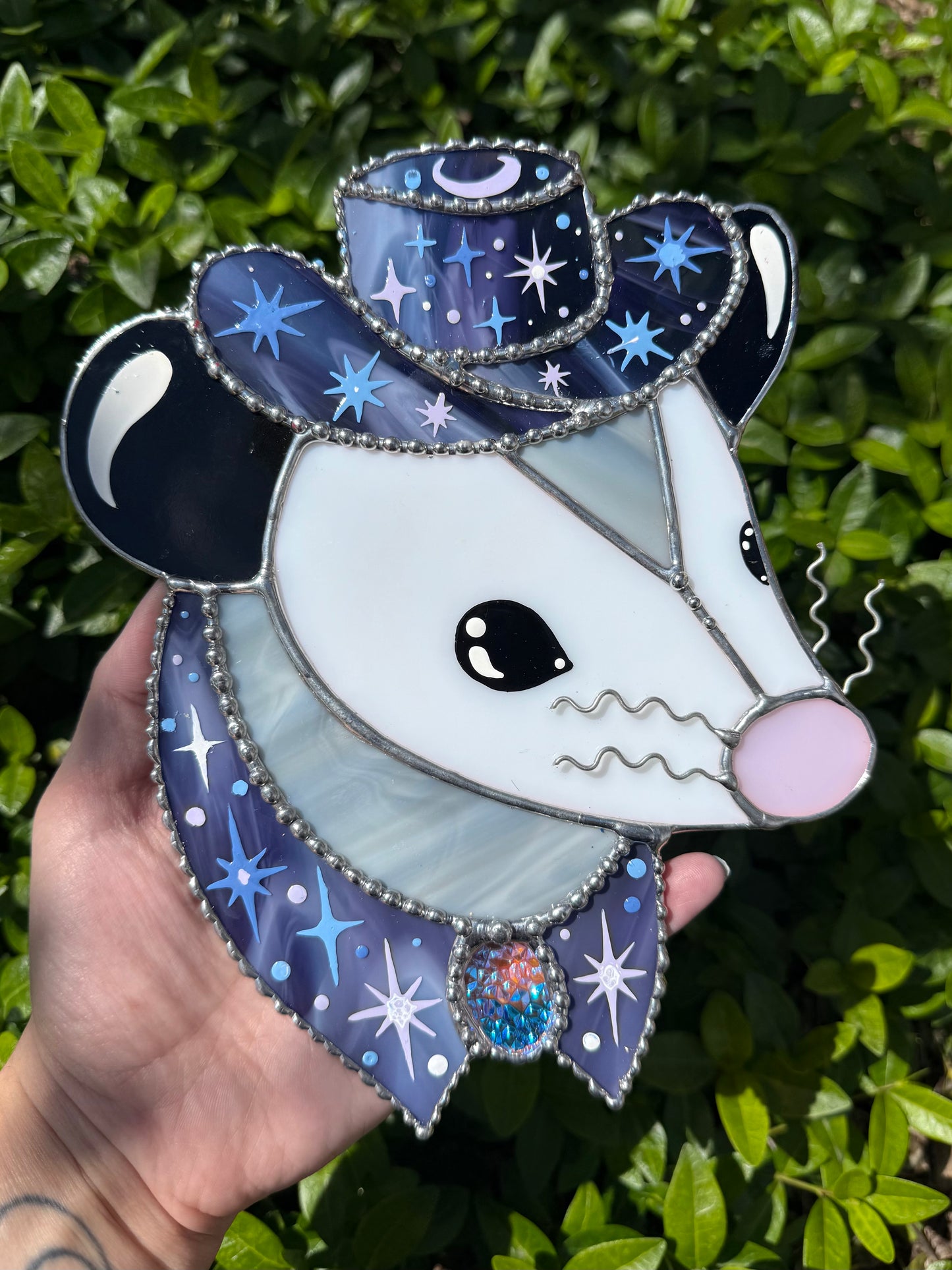 Sparkle Cowboy Opossum Stained Glass Suncatcher