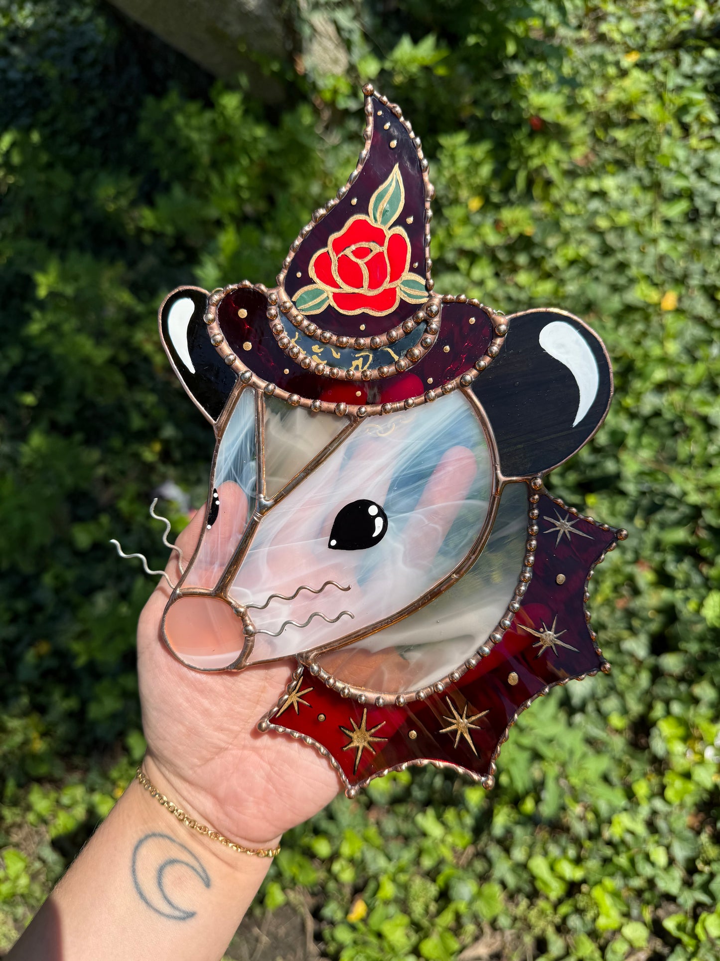 Rose Witch Opossum Stained Glass Suncatcher