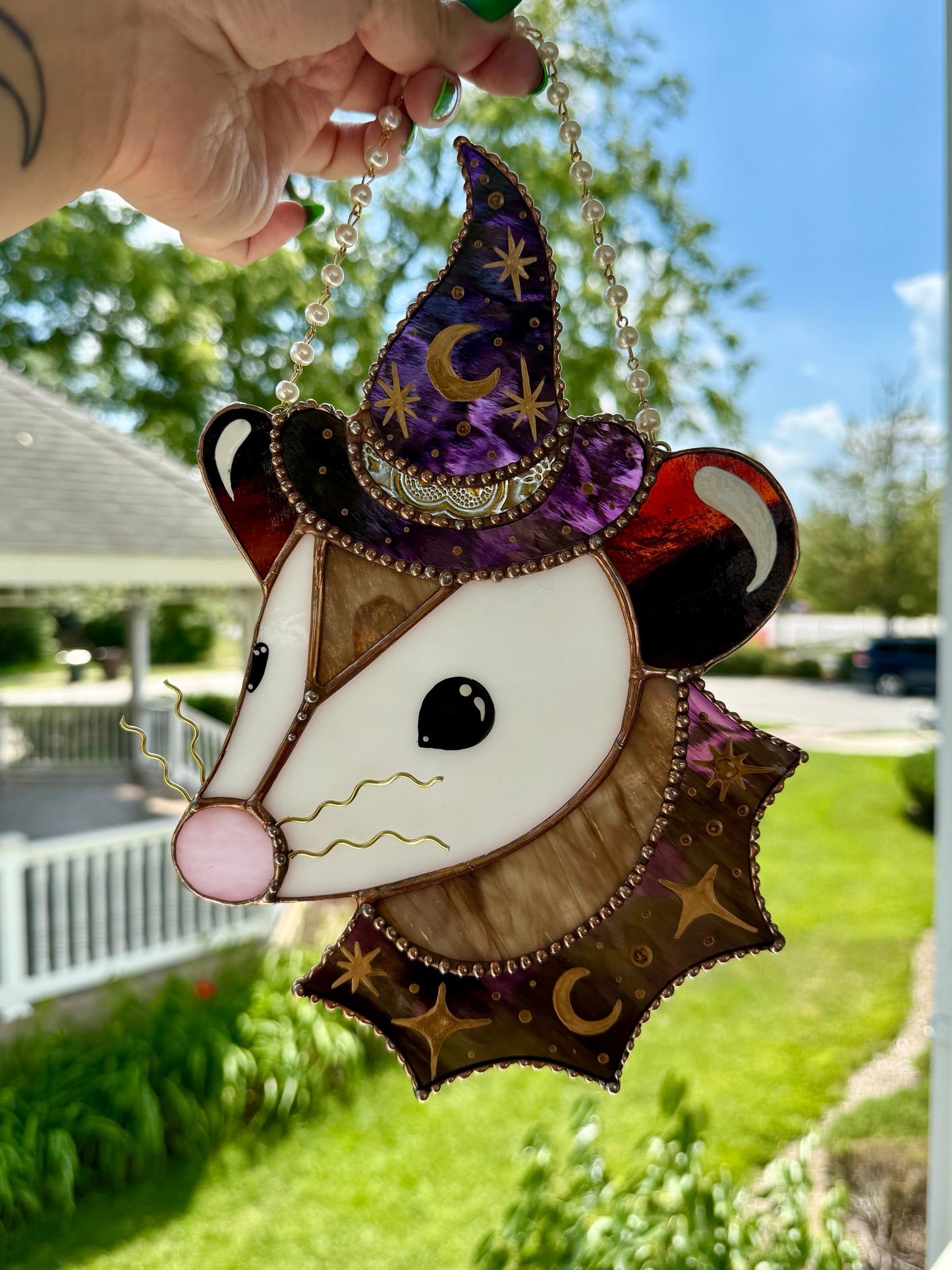 Deep Purple Witch Opossum Stained Glass Suncatcher