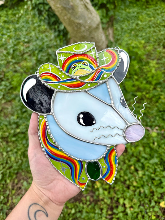 Pride Frog Cowboy Opossum Stained Glass Suncatcher