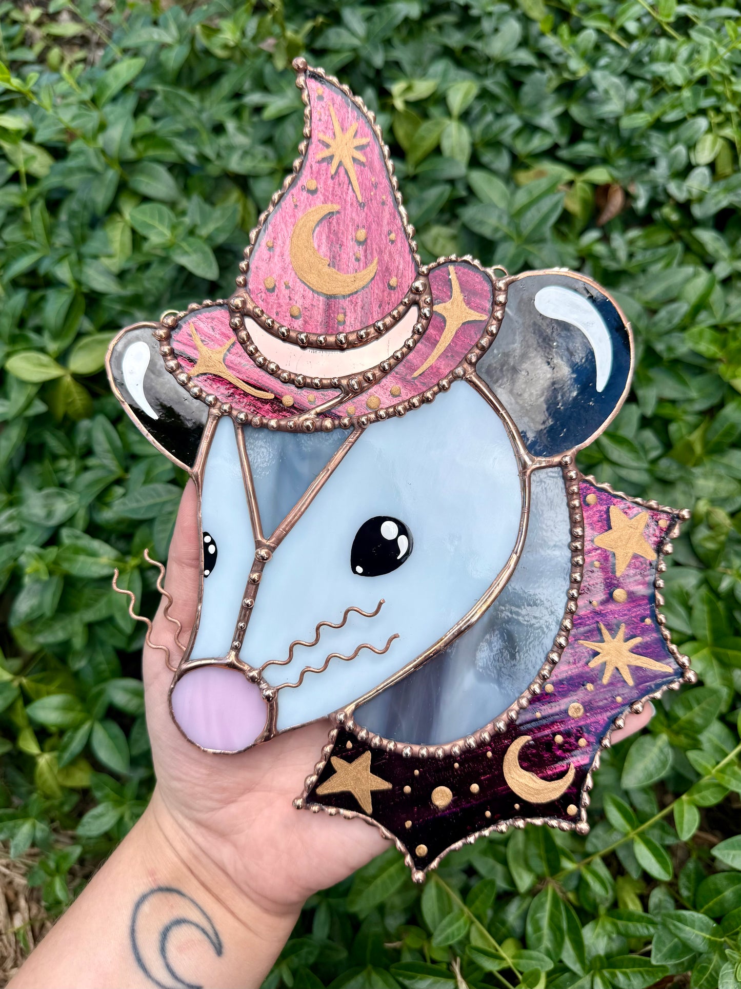Garnet Witch Opossum Stained Glass Suncatcher