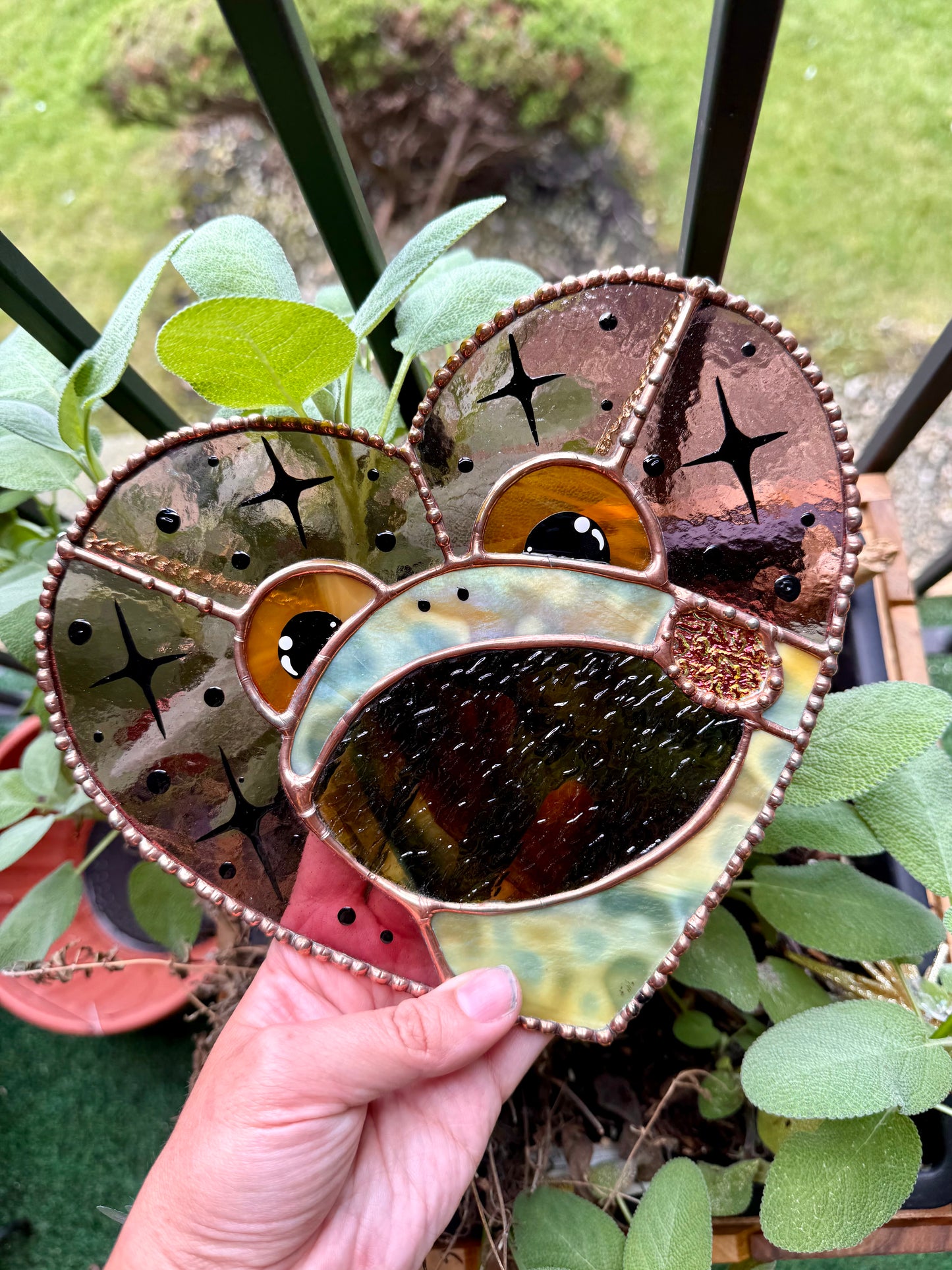( has small crack) Lilac Frog Stained Glass Suncatcher