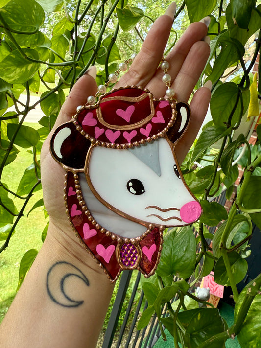 Mini pink Heart Cowboy Opossum Stained Glass