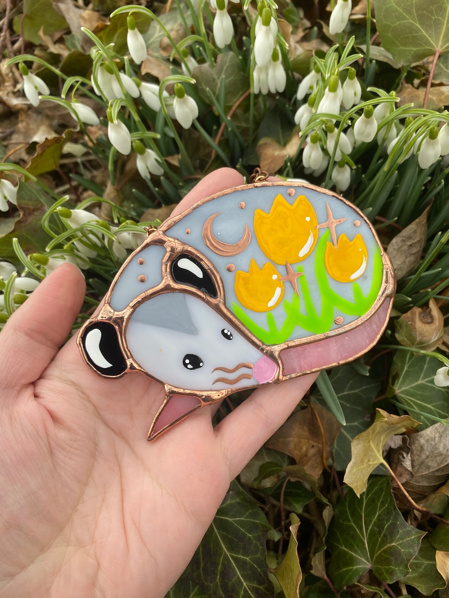 Sleepy Yellow Tulip Opossum Mini Stained Glass Suncatcher