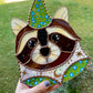 Blue Flower Wizard Raccoon Stained Glass Suncatcher