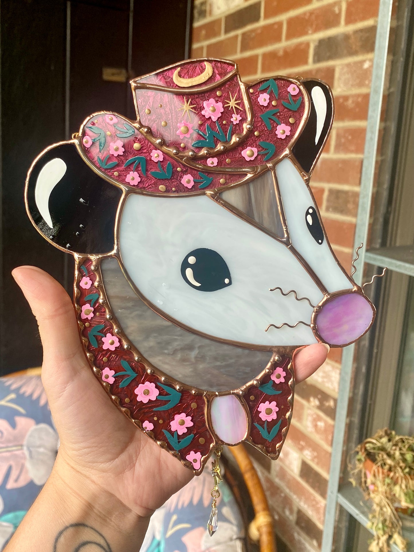 Pink Flower Cowboy Opossum Stained Glass Suncatcher