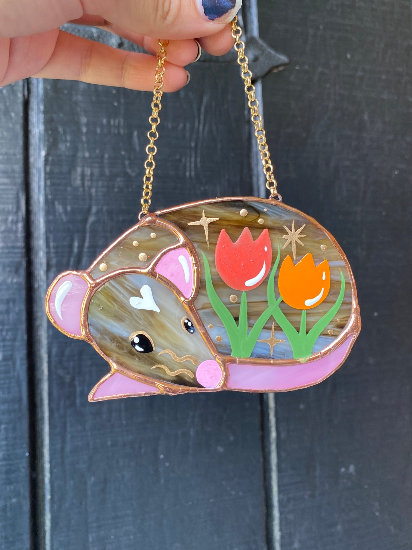 Mini Brown Tulip Rat Stained Glass Ornament